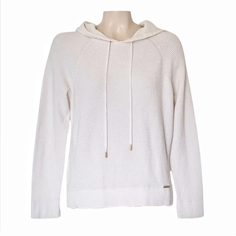 MICHAEL Kors Ivory Waffle Knit Cotton Blend Pullover Hoodie Sweater Loungwear L